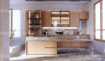 تصویر با کیفیت دیزاین آشپزخانه همراه با دکوراسیون داخلی و میز صبحانه خوری