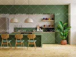 تصویر با کیفیت دیزاین آشپزخانه همراه با دکوراسیون داخلی و میز صبحانه خوری