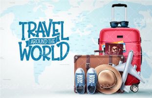 وکتور برداری مسافرت دور دنیا همراه با چمدان و کلاه لبه دار