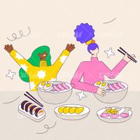 وکتور برداری غذای کارتونی همراه با برنامه کودک و زن