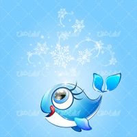 وکتور برداری ماهی آبی رنگ همراه با برنامه کودک و نماد برف
