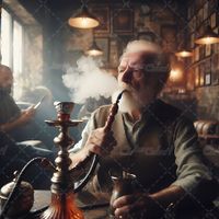تصویر با کیفیت کافه همراه با پیرمرد ریش سفید و قلیان
