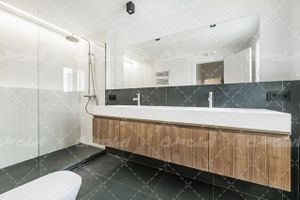 تصویر با کیفیت دکوراسیون داخلی حمام همراه با سرویس بهداشتی و روشویی