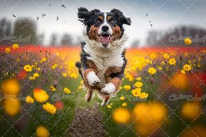 تصویر با کیفیت سگ همراه با فصل بهار و گل های بهاری
