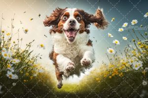 تصویر با کیفیت سگ همراه با فصل بهار و گل های بهاری