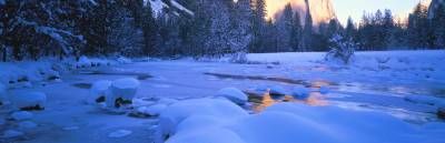منظره طبیعت زمستان رود برف جنگل