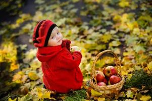 کودک سبد میوه سیب پاییز