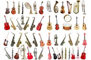 آلات موسیقی گیتار طبل ترومپت ویالون