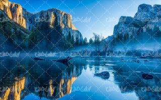 تصویر با کیفیت منظره فصل زمستان به همراه کوه و دریاچه