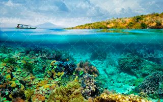 تصویر با کیفیت منظره زیبای صخره های مرجانی همراه با قایق و آسمان آبی