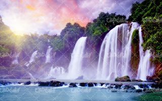 تصویر با کیفیت منظره آبشار همراه با غروب آفتاب و رودخانه