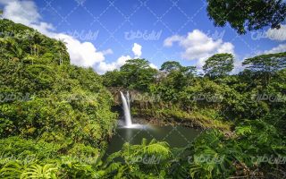 تصویر با کیفیت منظره آبشار همراه با آسمان آبی و جنگل
