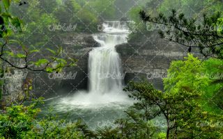 تصویر با کیفیت آبشار زیبا به همراه درخت و چشم انداز طبیعت