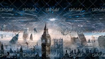 تصویر با کیفیت برج ساعت لندن به همراه زلزله و ساختمان های تخریب شده