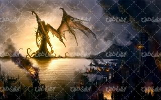 تصویر با کیفیت نقاشی زیبا به همراه دریاچه و تاسیسات