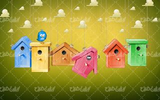 تصویر با کیفیت قفسه پرنده به همراه لانه پرنده و خانه چوبی پرنده