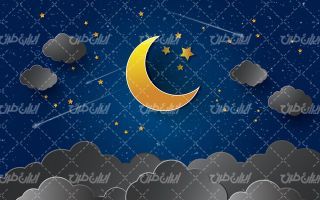 تصویر با کیفیت آسمان پر ستاره به همراه ابر و هلال ماه روشن