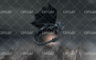تصویر با کیفیت حیوان افسانه ای به همراه کوهستان و دراگون