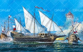 تصویر با کیفیت کشتی بادبانی به همراه کشتی قدیمی و نقاشی