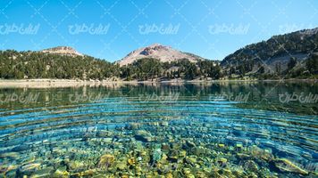 تصویر با کیفیت منظره زیبای دریاچه همراه با کوه و درختان انبوه
