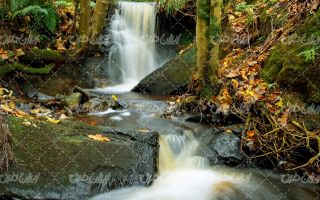 تصویر با کیفیت منظره آبشار همراه با چشم انداز زیبایی طبیعت و فصل پاییز