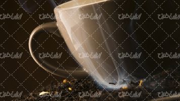 تصویر با کیفیت فنجان قهوه همراه با کاپ قهوه و چای خشک