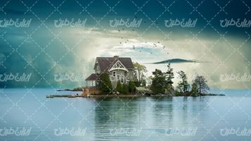 تصویر با کیفیت خانه چوبی همراه با جزیره و چشم انداز زیبای طبیعت
