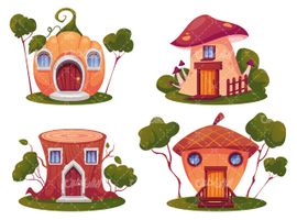 وکتور برداری خانه کارتونی زیبا همراه با خانه های میوه فانتزی شکل
