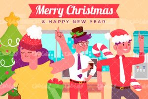 وکتور برداری شخصیت کارتونی همراه با درخت کریسمس و لیبل رنگی