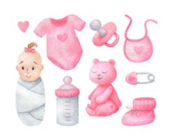 وکتور برداری نوزاد همراه با لباس و تجهیزات نوزاد و شیشه شیر بچه