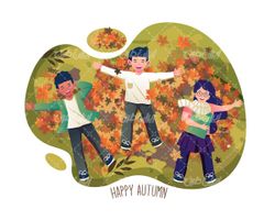 وکتور برداری فصل پاییز به همراه برگ های زرد پاییزی و بازی بچه ها