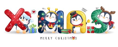 وکتور برداری آموزش زبان لاتین کارتونی به همراه پنگوئن و هدیه