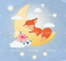 وکتور برداری روباه کارتونی به همراه هلال ماه و گل و بوته