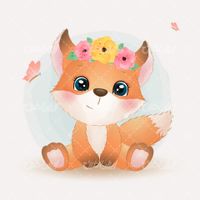 وکتور برداری روباه کارتونی به همراه پروانه و گل های گرافیکی