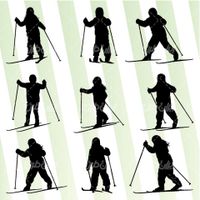 وکتور برداری ورزش اسکی همراه با تجهیزات اسکی و چوب اسکی