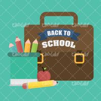 وکتور برداری مداد رنگی همراه با کیف مدرسه و سیب