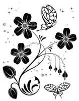 وکتور برداری گل و بوته سیاه قلم همراه با پروانه و طرح خالکوبی