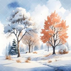 تصویر با کیفیت درخت همراه نقاشی آبرنگ  و فصل زمستان