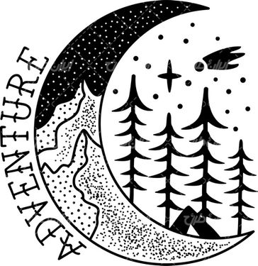 وکتور برداری هلال ماه سیاه قلم همراه با درخت سیاه قلم