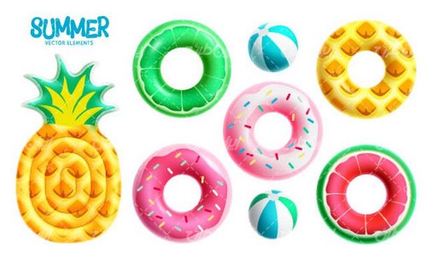 وکتور برداری توپ بازی همراه با تیوپ نجات و تخته موج سواری