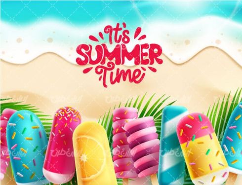 وکتور برداری بستنی چوبی همراه با ساحل دریا و شن های ساحل