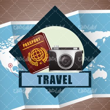 وکتور برداری مسافرت همراه با تجهیزات سفر و پاسپورت