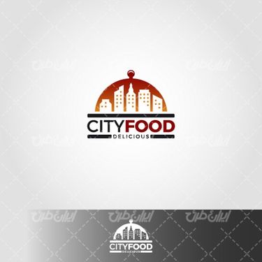 وکتور برداری لوگو شهر غذا همراه با ساختمان های بزرگ و ظرف غذا