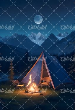 تصویر با کیفیت چادر مسافرتی همراه با ماه و شعله های آتش