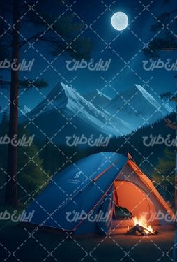 تصویر با کیفیت چادر کمپ همراه با ماه و شعله های آتش