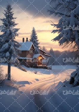 تصویر با کیفیت کلبه چوبی همراه برف و کوهستان پوشیده از برف