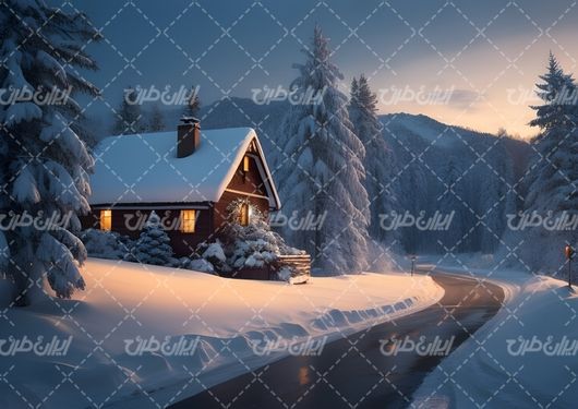 تصویر با کیفیت خانه چوبی همراه برف و کوهستان پوشیده از برف