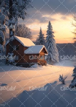 تصویر با کیفیت خانه چوبی همراه برف و کوهستان پوشیده از برف
