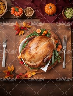تصویر با کیفیت میز غذاخوری چوبی همراه مواد غذایی و مرغ سخاری