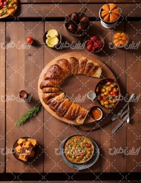 تصویر با کیفیت میز غذاخوری چوبی همراه مواد غذایی و نان